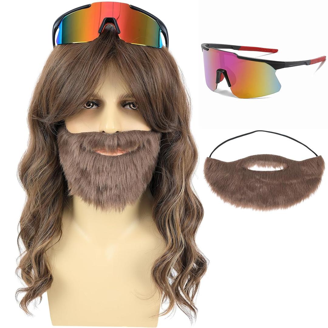 Mens Long Wavy Blonde Wig Natural Looking Synthetic Hair Wigs with Mustache and Glasses for Costume Halloween Party