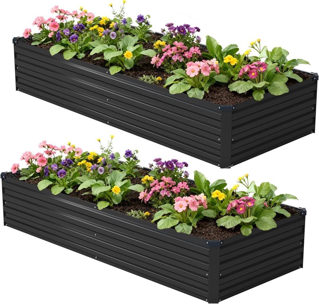 Foxlang 8x2x1ft(2 Pack) Galvanized Raised Garden Bed,Outdoor Planter Box Metal Patio Kit Planting Bed for Vegetables Flowers Herb,Black