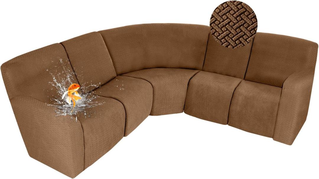 ALIECOM 100% Waterproof Recliner Sectional Couch Covers L Shape Stretch Corner Reclining Sectional Sofa Cover Washable Recliner Slipcover Protector for Dog Pet (5 Seat, Light Brown)
