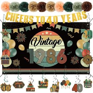 2 x RoundFunny Vintage 40th Birthday Decorations for Men Women 1986 Banner Decorations, Including Back in 1986 Backdrop, Cheers to 40 Years Banner, 12 Hanging Swirl, 10 Paper Poms