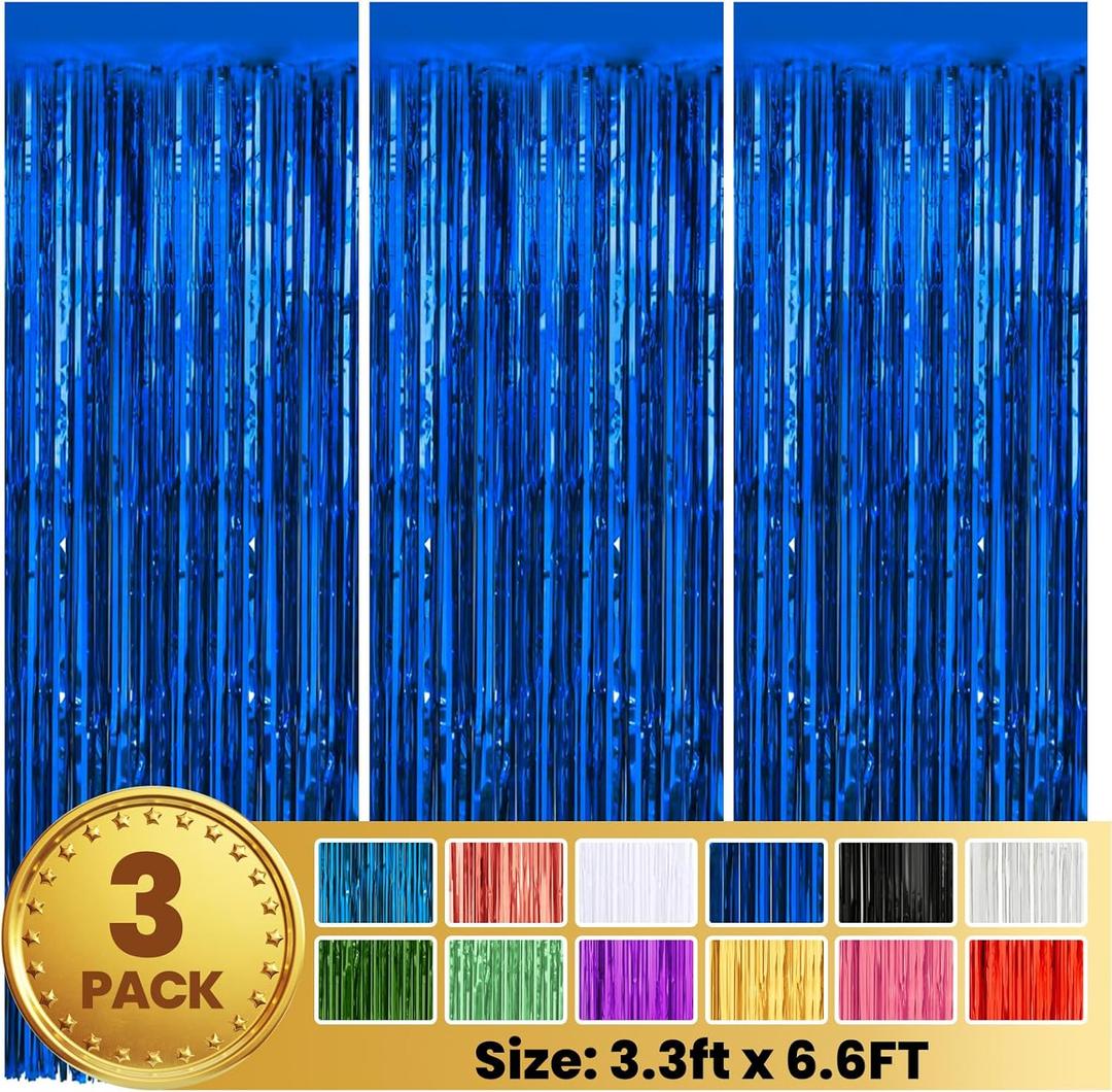 3 Pack 3.3 x 6.6 FT Foil Fringe Backdrop Curtain, Streamer Backdrop Curtains, Streamers Birthday Party Decorations, Fringe Backdrop for Graduation, Baby Shower, Gender Reveal (Blue)