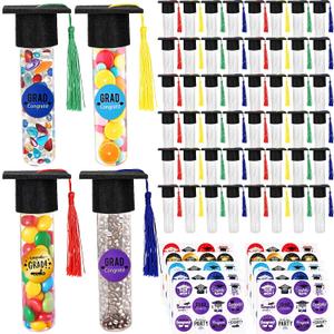 48 Set Graduation Candy Tubes with Grad Cap Lids and Assorted Stickers Clear Candy Jars Containers for Class of Graduation DIY Grad Party Favors Gifts Supplies Decorations