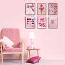 6Pcs Pink Preppy Canvas Wall Art Pink Bow Disco Ball Posters Prints Funky Cherry Ice Cream Pictures Paintings Cute Girl Wall Decor Suitable for Girls Bedroom, Dorm, Kitchen Decoration Unframed (8-10)