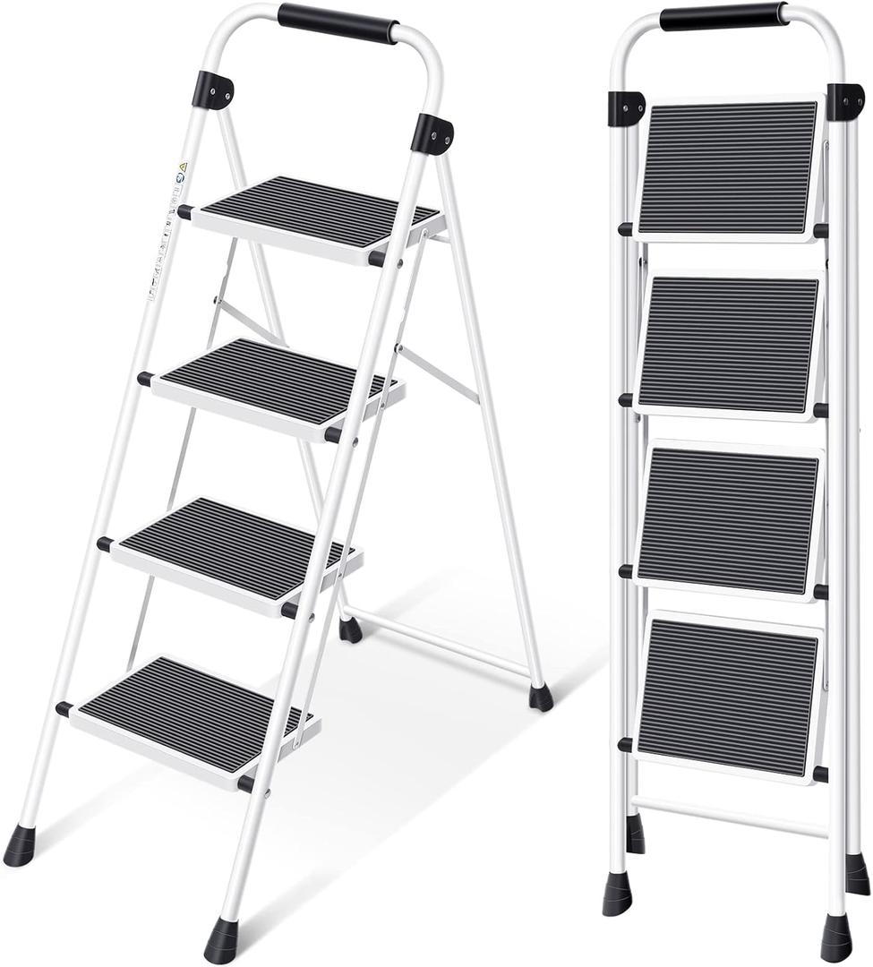 KINGRACK Step Ladder 4 Step Folding Step Stool for Adults with Handrails Heavy Duty Steel Sturdy Lightweight Collapsible Portable Step Ladder with Anti-Slip Wide Pedal,White (4 Step Ladder)