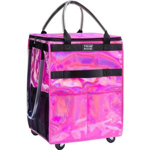 Reusable Grocery Bag On Wheels, Shopping Trolley, Rolling Tote with 8 Pockets and Zipper Cover, Foldable, Heavy Duty Handles, Carries Up to 46 LBS (Medium, Glitter Red)