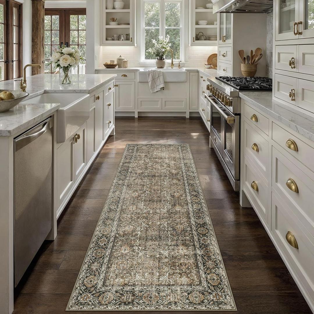 Brown Runner Rug 2x6 Vintage Area Carpet Hallway Long Indoor Kitchen Washable Living Room Low Pile Traditional Distressed Retro Accent Throw Rug Non Slip Laundry Bathroom Office Dining Room