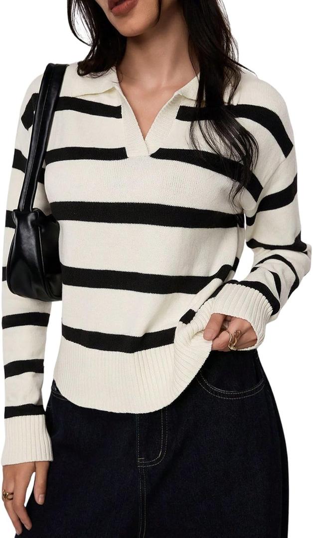 Verdusa Women's Striped Pullover Sweater Old Money Knit Tops Collared V Neck Jumpers Spring Fall Clothes (L)