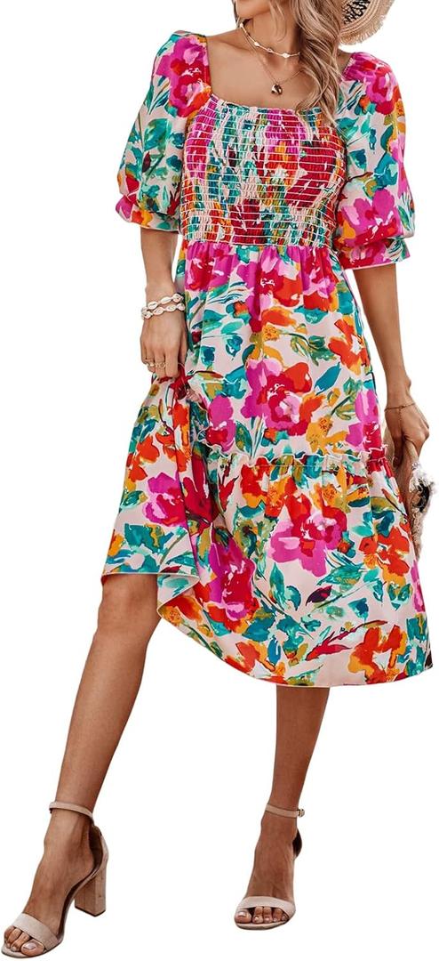 PRETTYGARDEN Women's Summer Casual Dresses 2025 Spring Puff Sleeve Square Neck A-line Flowy Boho Floral Smocked Midi Dress (M)