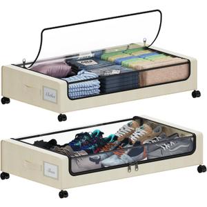 Under Bed Storage with Wheels, XXL 60L Under the Bed Storage Bins, Underbed Storage Containers with Lids & Label, Rolling Metal Drawer for Shoes, Clothes, Books, Toys (2-Pack Beige)