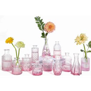 UPBUD Glass Pink Bud Vases Set of 12, Mini Flower Valentine Vase for Centerpieces, Small Vases in Bulk for Wedding Decorations, Vintage Vase for Table, Home Dcor