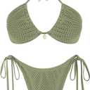 ZAFUL Women's Bikini Set Fishnet Triangle Tie Convertible Collar Halter Bandeau Shell Two Piece Bathing Suit (Green), Small