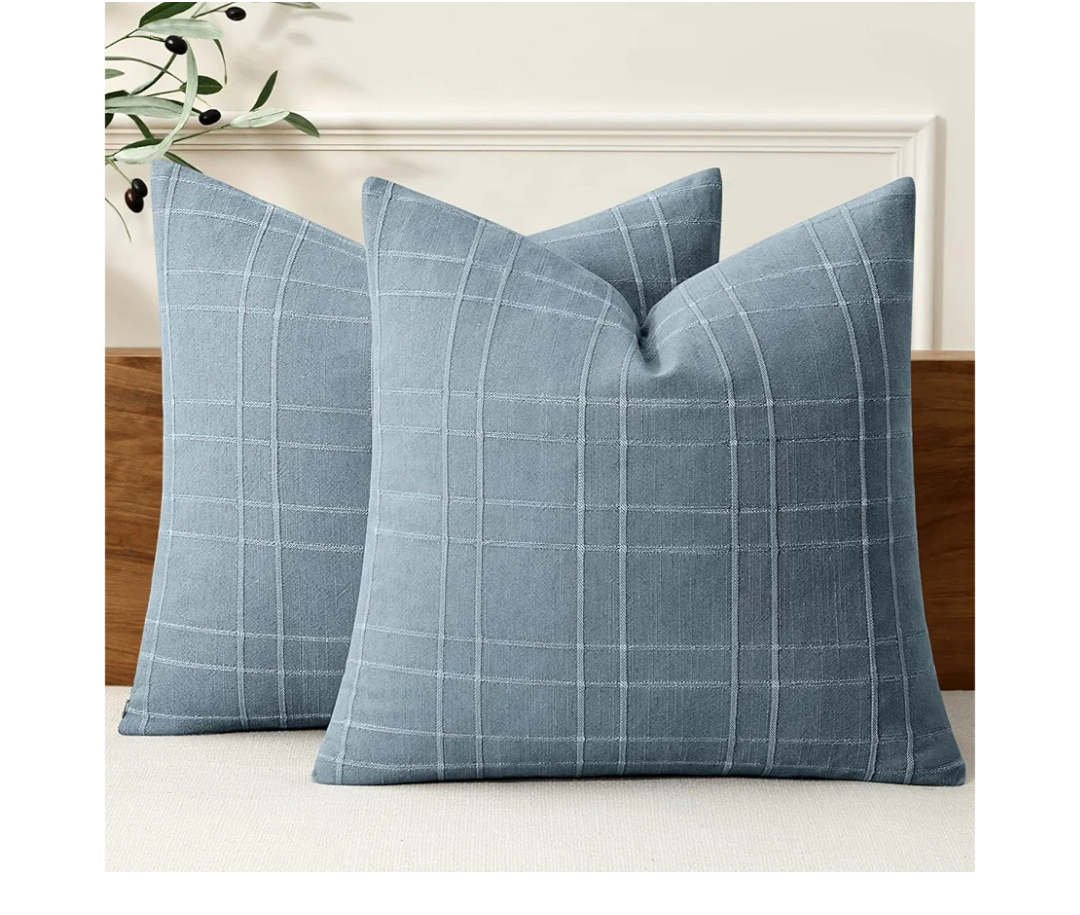 MIULEE Decorative Linen Check Throw Pillow Covers Neutral Farmhouse Vintage Pillow Covers 18x18 Set of 2 Boho Modern Home Decor for Sofa Couch Bedroom Cushion Blue Grey