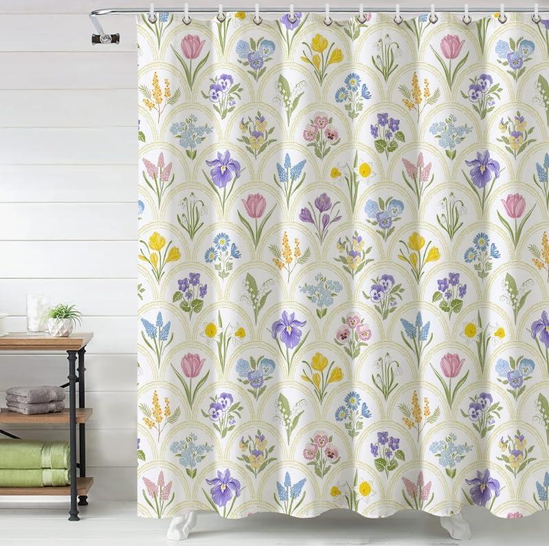Baccessor Spring Summer Shower Curtain Tulip Daffodil Flower Shower Curtain Neutral Country Rustic Bathroom Bath Decor Waterproof Weighted with Hooks 72 W x72 H Inch