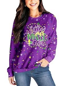 Deerose Women's Mardi Gras Sweatshirt Fat Tuesday Print Shirt Purple Parade Party Costume Sweatshirts S