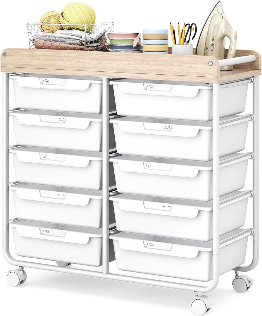 10 Drawers Rolling Cart with Wooden Tabletop, Utility Storage Cart with Wheels, Art Supply Craft Organizer on Wheel with Metal Frame & Handles for Home Office School (Pure White)