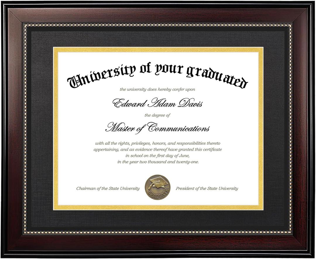 upsimples 11x14 Diploma Frame with High Definition Glass, Display 8.5x11 Certificate with Black over Gold Mat, Degree Document Frame for Wall and Tabletop, Mahogany with Gold Beads, 1 Pack