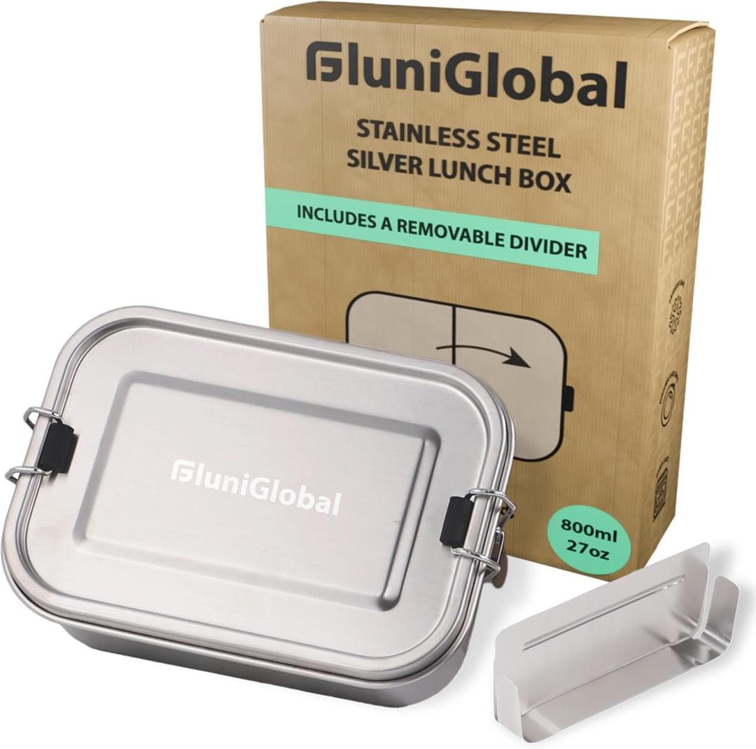 Stainless Steel Lunch Box for Adults | 27 oz | Leak Proof with Silicone Locks | Eco-friendly Metal Lunch Box Container for Travel | Removable Divider | Silver