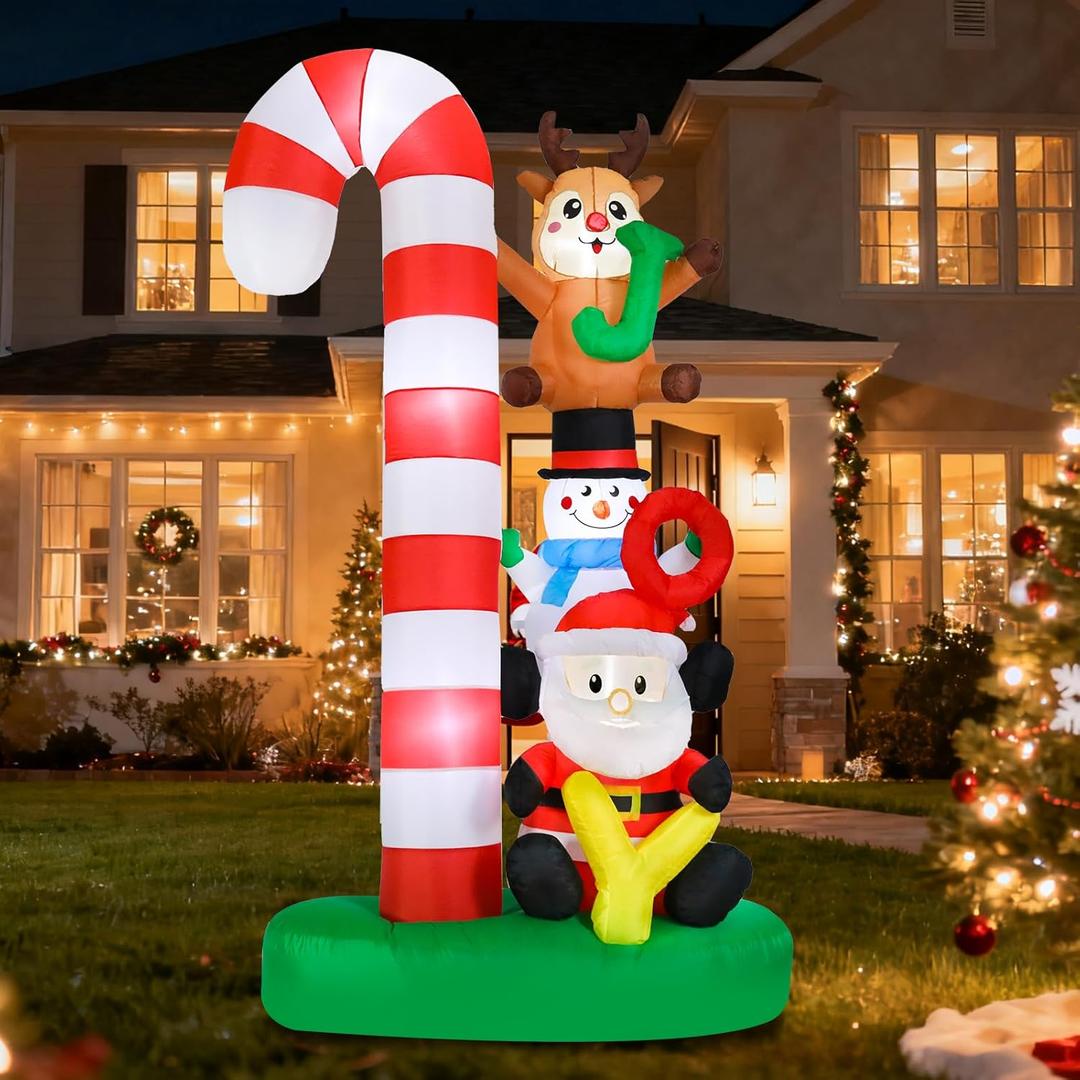Aircity Christmas Candy Cane Decorations, 8FT Giant Inflatables Candy Cane with Santa and Snowman Builtin LED Lights, Large Outdoor Christmas Inflatable for Yard Lawn Holiday Décor