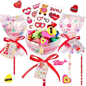 Valentines Day Gifts for Kids - 24 Pack Flashing Giant Lollipop-Shaped Stationery Set with Valentine's Cards Pencils Erasers Stickers Sharpener LED Lights for Classroom Valentines Gift Exchange