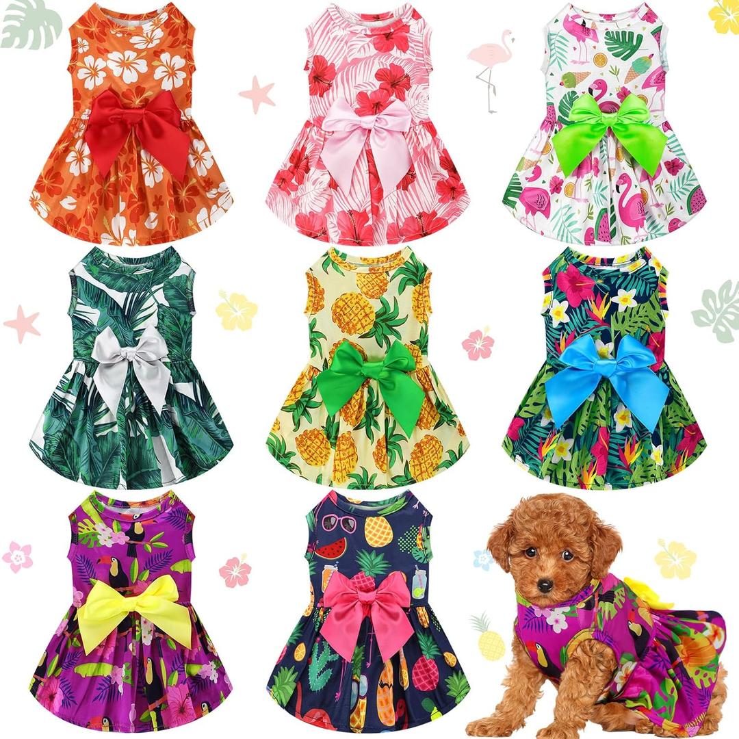 LEIFIDE 8 Pcs Summer Themed Hawaii Dog Dresses Holiday Flamingo Fruit Floral Pattern Pet Skirts Hawaii Puppy Princess Dresses Outfits Bowknot for Girl Dogs Cats Beach, (XS)
