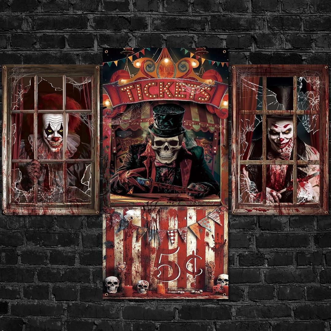 3 Pcs Halloween Evil Circus Window Door Covers Decorations Set Scary Clown Ghost Skull Curtain Decor Bloody Creepy Carnival Poster Backdrop Banner Halloween Window Silhouette for Party Decor