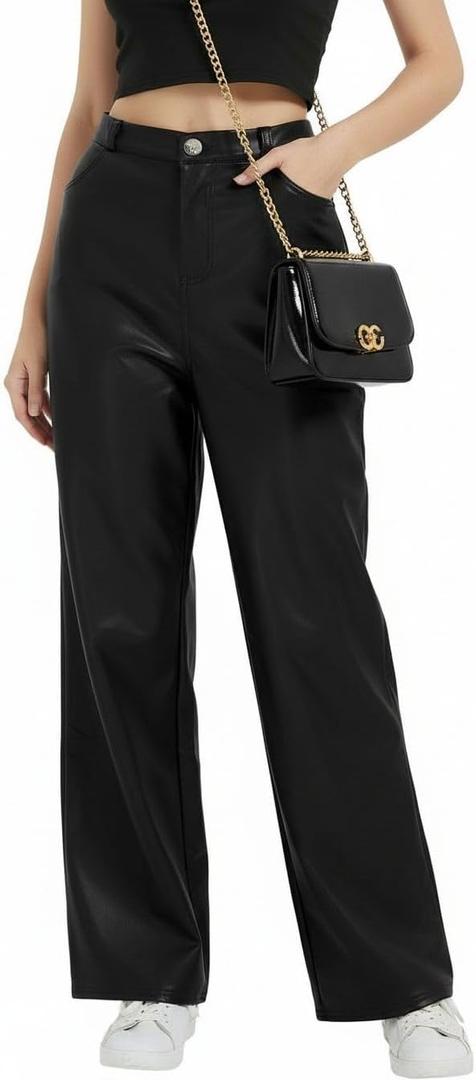 Women's Black Leather Pants - High Waist Faux Leather Straight Leg Bell Bottom Flare Pants (Black, S)