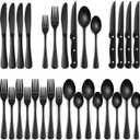 24-Piece Black Silverware Set with Steak Knives, Black Flatware Set for 4, Food-Grade Stainless Steel Tableware Cutlery Set, Mirror Finished Utensil Sets for Home Restaurant