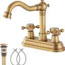GGStudy Antique Brass Bathroom Faucet - 2 Handles, 4 Inches Centerset, RV Vanity With Drain Assembly and Supply Hose - Lavatory Mixer Double Handle Tap