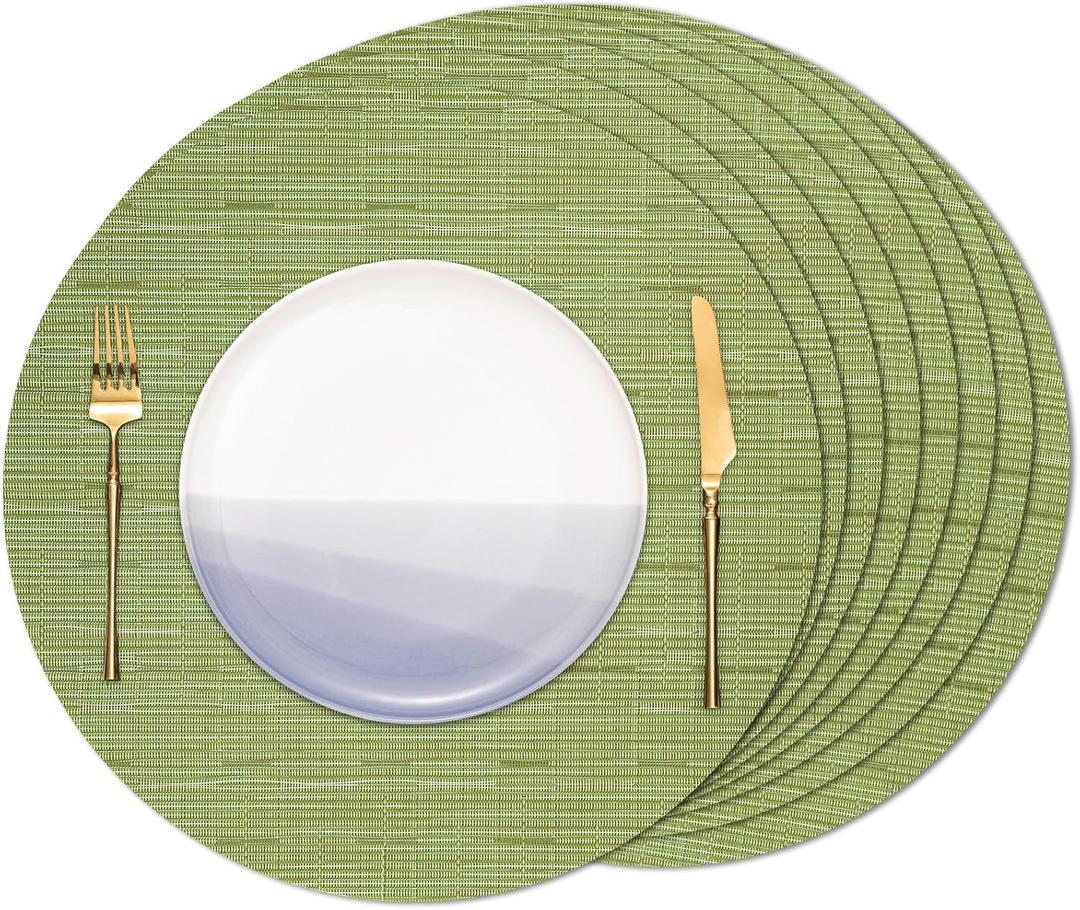 Round Placemats Set of 8 Heat Resistant Vinyl Placemats 15 inch Washable Non-Slip Table Mats Woven Place Mats for Dining Table (Green, Set of 8)
