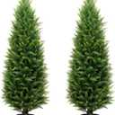 4FT Artificial Cedar Topiary Trees UV Resistant Potted Plant Set of 2 Faux Pine Trees Fake Shrubs Artificial Plants for Front Porch Garden Indoor Outdoor (Green)