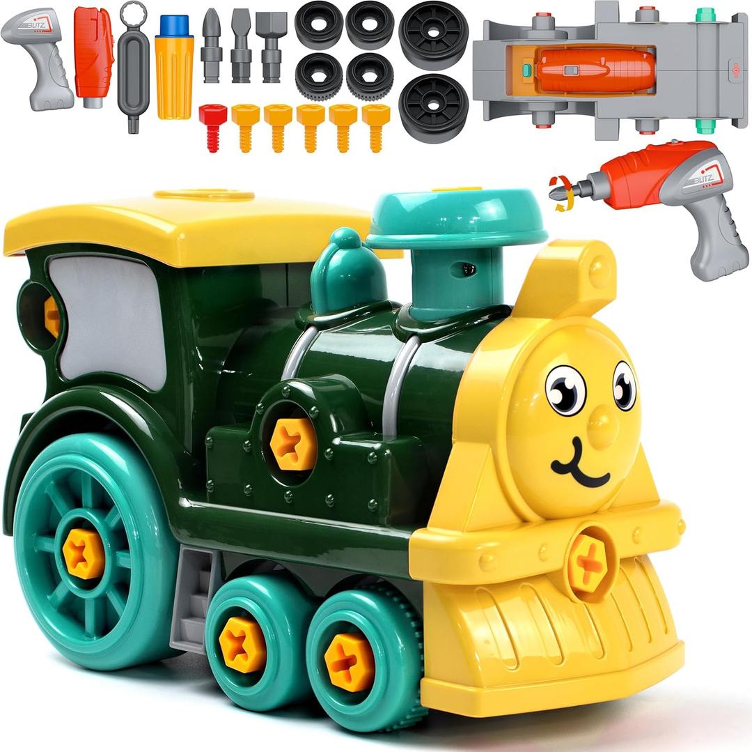 Toddler Take Apart Toy Set with Electric Drill, DIY Electric Toy Trains Disassembly, STEM Building Learning Toys, Xmas Gifts for 3-8 Year Old Boys & Girls (Yellow)