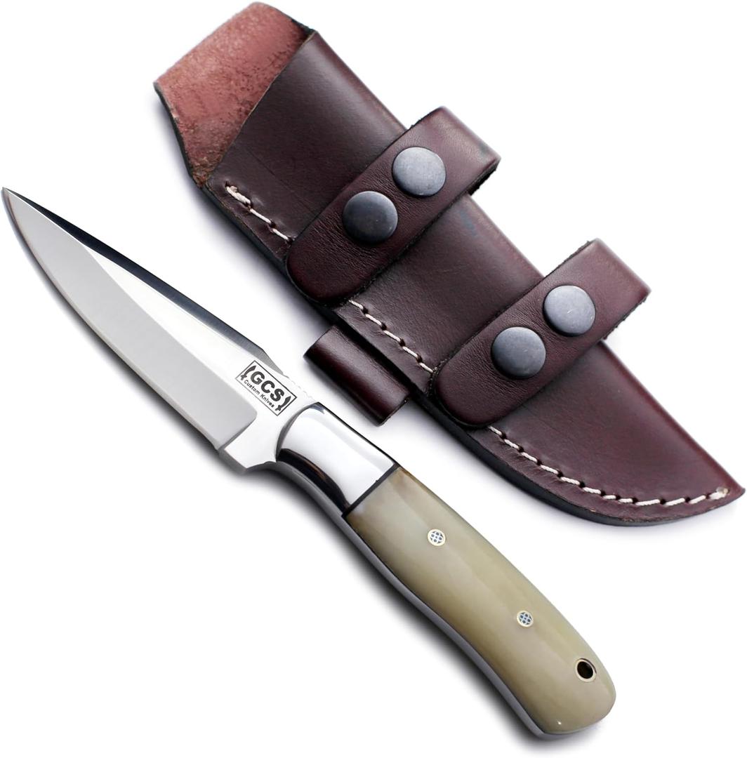 GCS Handmade D2 Steel Hunting Knife with Camel Bone Handle, Full Tang Blade, and Leather Sheath for Hunting Hunting Camping Survival EDC-GCS 920