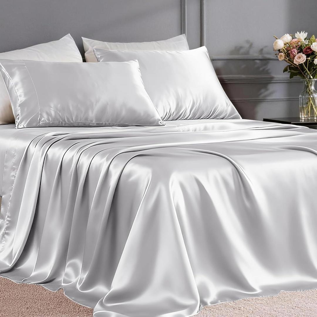 FreshCulture Satin Sheets Twin Size Bed Set - 3 Piece Luxury Soft Silky Twin Bed Sheets, Similar to Silk Sheet Set with 1 Deep Pocket Fitted Sheet, 1 Flat Sheet & 1 Pillowcase (Silver Grey)