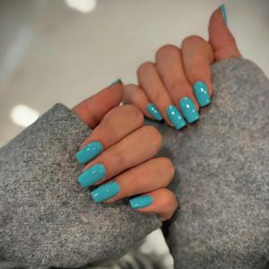Teal Blue Press on Nails Medium Square, Soft Gel Fake Nails Short Coffin, Glossy Full Cover Acrylic Nails Press on with Nail Glue, Reusable Glue on Nail for Women, Easy to Apply, 28 Pcs