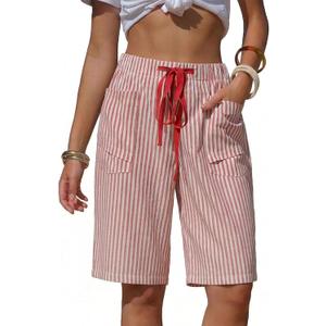 EXLURA Women's Faux Linen Striped Bermuda Shorts Casual Drawstring Elastic Waist Summer Vacation Beach Shorts with Pockets (Red), XL