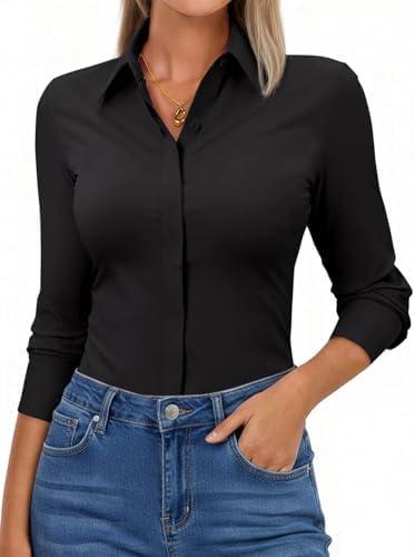 Aoudery Button Down Shirts for Women Slim Fit Long Sleeve Stretch Dress Shirts Work Shirt Wrinkle Free Office Blouse Top S