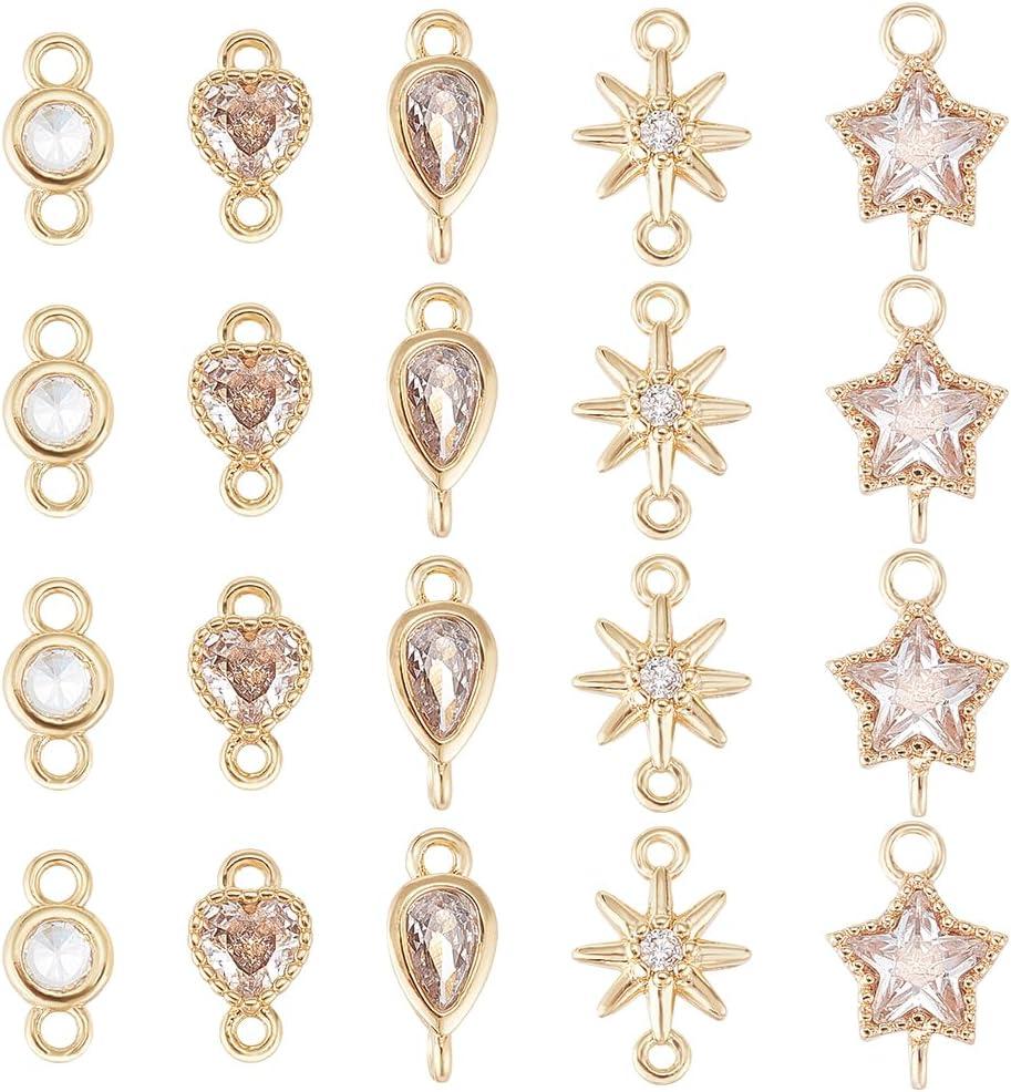 BENECREAT 20Pcs 5 Style 18K Gold Plated Links Flat Round Star Brass Micro Pave Cubic Zirconia Links Teardrop Heart Shape Connecter for Necklace Bracelet Making, Festival Gift