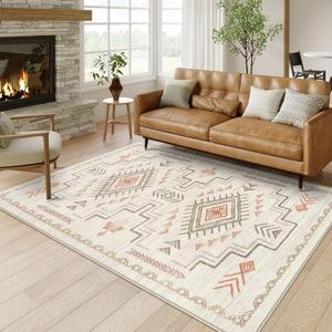 STARUIA Moroccan Washable Area Rug 5x7, Beige Western and Aztec Tribal Boys Neutral Rug for Living Room, Soft Non-Slip Stain Resistant Large Carpet for Bedroom Dining Room (Brown)
