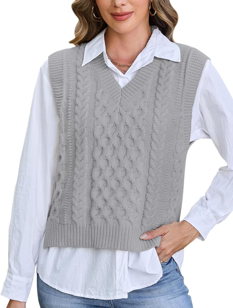 Tanst Sky Womens Sweater Vest V Neck Sleeveless Solid Casual Cable Knit Pullover Tops (Gray, XL)