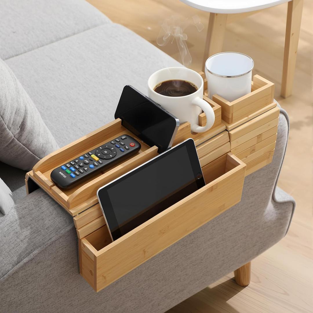 LemonRoad 2 Pcs Bamboo Sofa Armrest Tray Couch Arm Tray with Cup Holder Foldable & Anti-Slip Base Couch Organizer for Drinks, Phone, Remote Control, Snacks, Fits Most Couches (Large & Small Size)