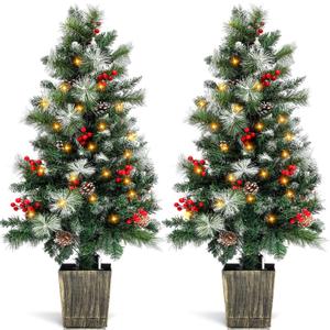 2 Pack 4FT Entrances Christmas Trees for Porch Pre Lit Artificial Pathway Potted Xmas Tree with 100 LED Lights 8 Mode Remote Control Berries Pine Cones for Front Door Driveway Yard Outdoor