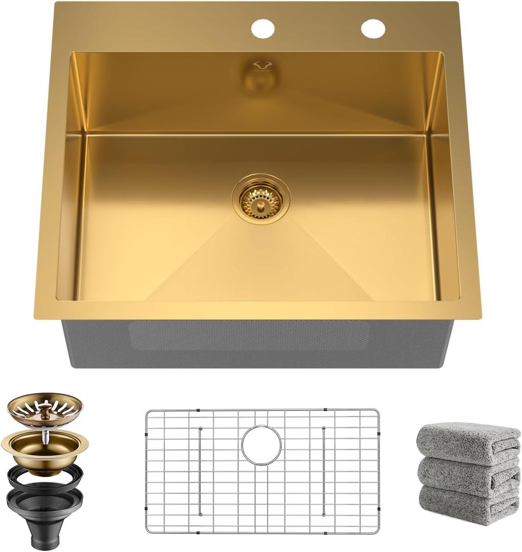 Drop In Kitchen Sink 27 Inch Gold Top Mount Sink 16 Gauge Stainless Steel 2-Hole Deep Single Bowl Kitchen Sinks 27"X22"X10"