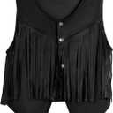 Women Tassel Vest 70s Hippie Sleeveless Faux Suede Rivets Fringe Vest Waistcoat Jacket Cowgirl Outfits (Medium, Black)