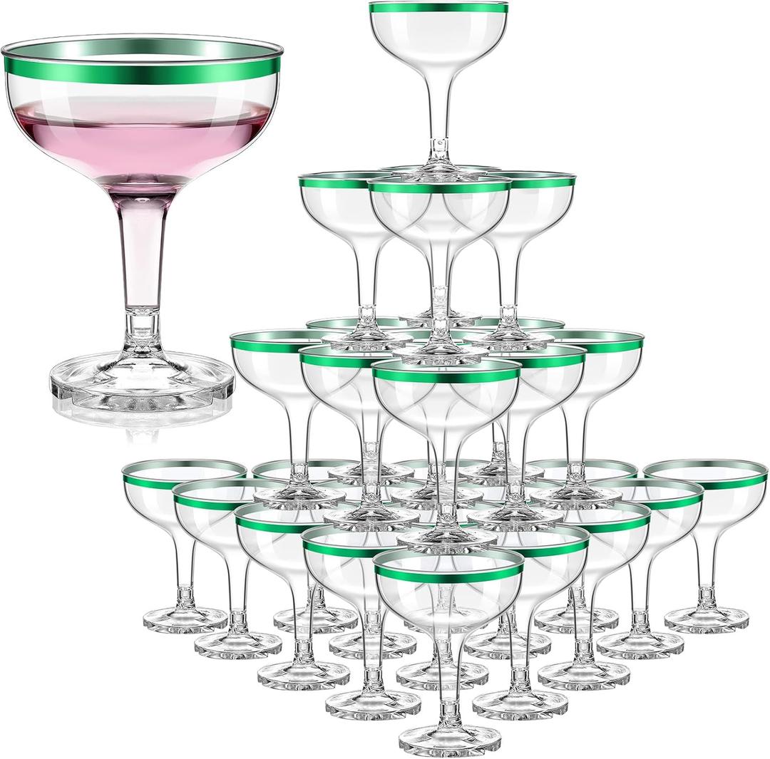 Zopeal 30 Pcs 5 oz Christmas Plastic Disposable Wine Cups Bulk Red Green Martini Glasses Champagne Tower Coupe Cup Unbreakable Stackable Cocktail Margarita Glass with Stem for Xmas Party Favor (Green)