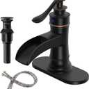 BWE Oil Rubbed Bronze Bathroom Sink Faucet 1 Hole, Single Handle Waterfall Bathroom Faucet with Pop Up Drain and Hoses, Lead-Free Vanity Faucet for Home or Commercial Use, Brass Construction