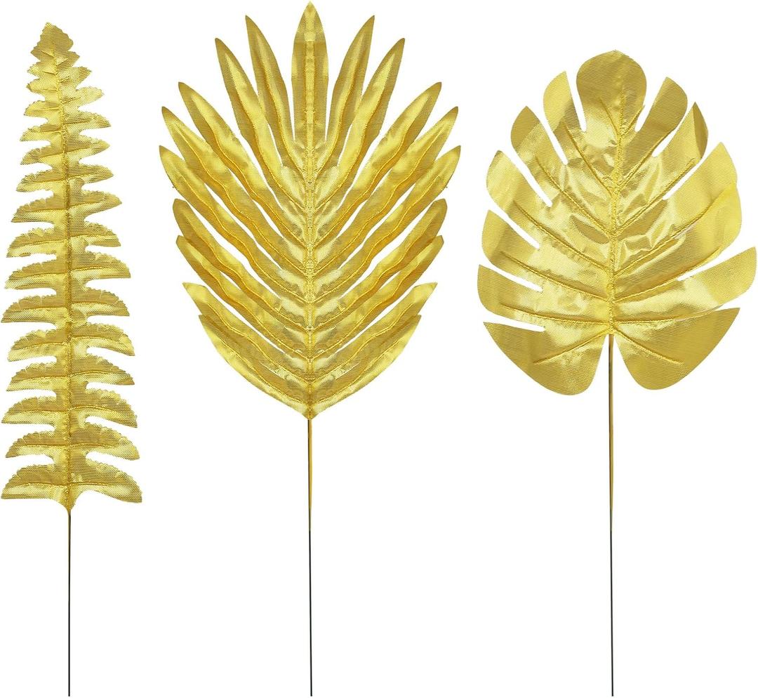 30Pcs 3 Kinds Artificial Golden Leaves with Stems Fake Gold Plants Foliage Stems Simulation Monstera Palm Leaves for Wedding Picks DIY Wreath Crafts Christmas Tree Filler Decors