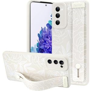 OOK Compatible with Samsung Galaxy S20FE 5G Flower Case with Wrist Strap, White Flowers Floral Silicone Shockproof Protection Slim TPU Cover with Camera Protective for Women Girls