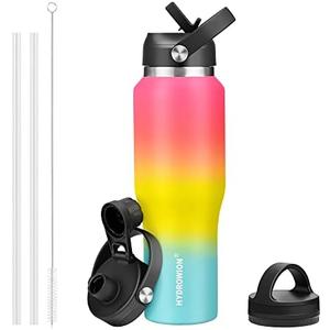 HYDROWION Stainless Steel Water Bottle, 32oz Wide Mouth Double Wall Vacuum Insulated Water Bottle with Straw Lid, Spout Lid and Flex Cap, Leakproof,Fit in Any Car Cup Holder, Red&Yellow&Blue