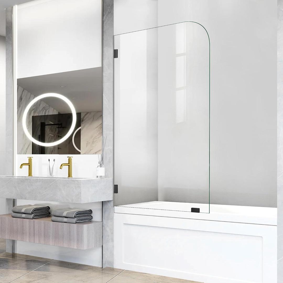 Bathtub Shower Door, 30" W X 58" H Fixed Tub Glass Panel with Clamps, 1/4"(6mm) Clear Tempered Frameless Shower Glass Door, Tub Shower Doors in Matte Black