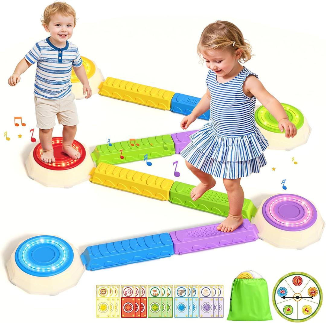 HYES Light Up Stepping Stones & Balance Beams for Kids - 13 PCS Set with Piano Music, Game Spinner & 30 Cards, Sensory Jumping Toys for Toddler, Birthday Gift for Boys Girls Ages 3-5